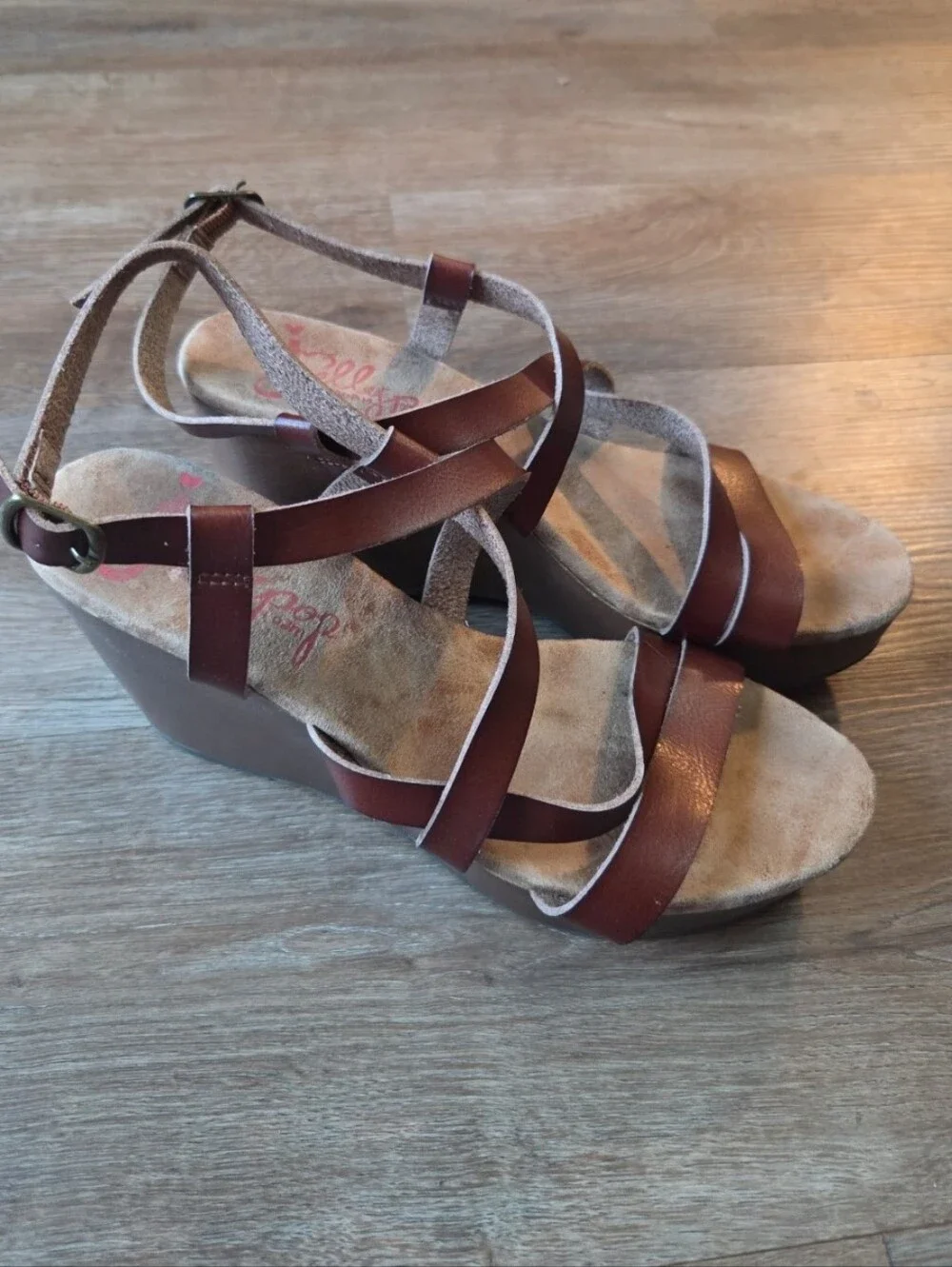 Jellypop Cancan Women's Strappy Brown Leather Wedge Sandals, Size 10